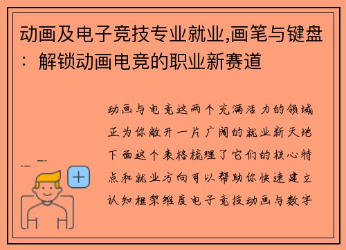 动画及电子竞技专业就业,画笔与键盘：解锁动画电竞的职业新赛道