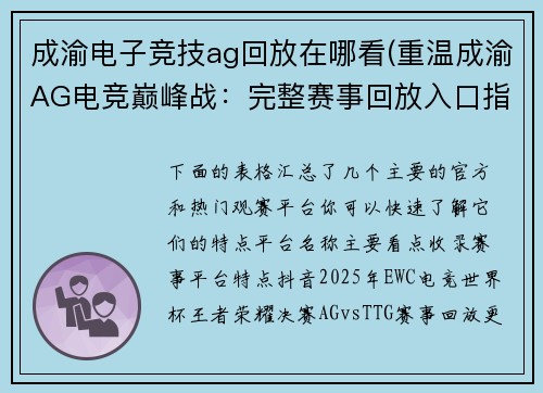 成渝电子竞技ag回放在哪看(重温成渝AG电竞巅峰战：完整赛事回放入口指南)
